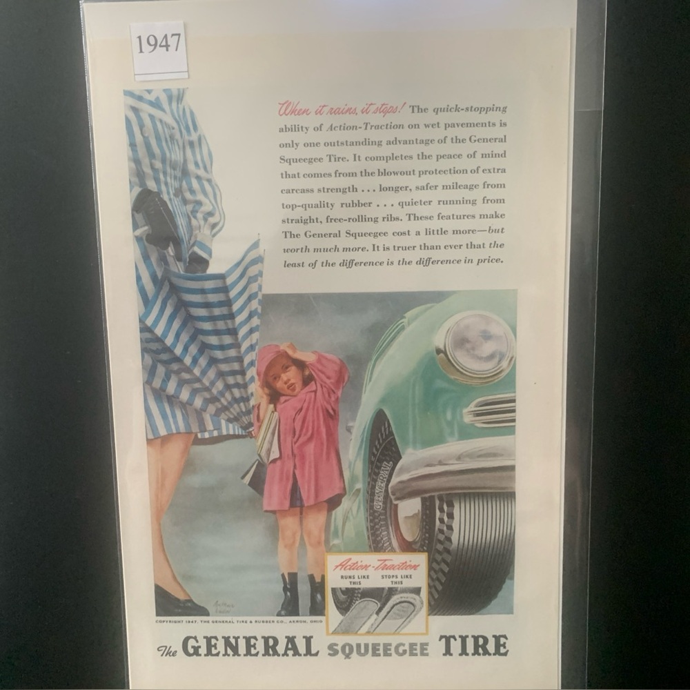 Vintage 1947 General Squeegee Tire When It Rains It Stops Ad Advertisement